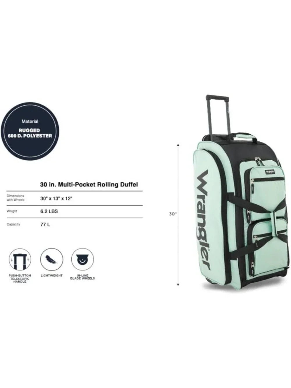 Spacious Rolling Duffel Bag with Wheels, Travel Luggage, Weekend Bag, Durable
